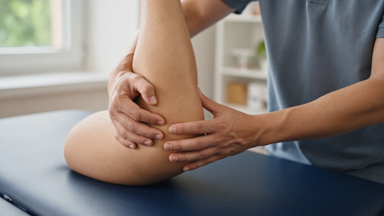 Hands supporting a knee during a gentle rehabilitation stretch
