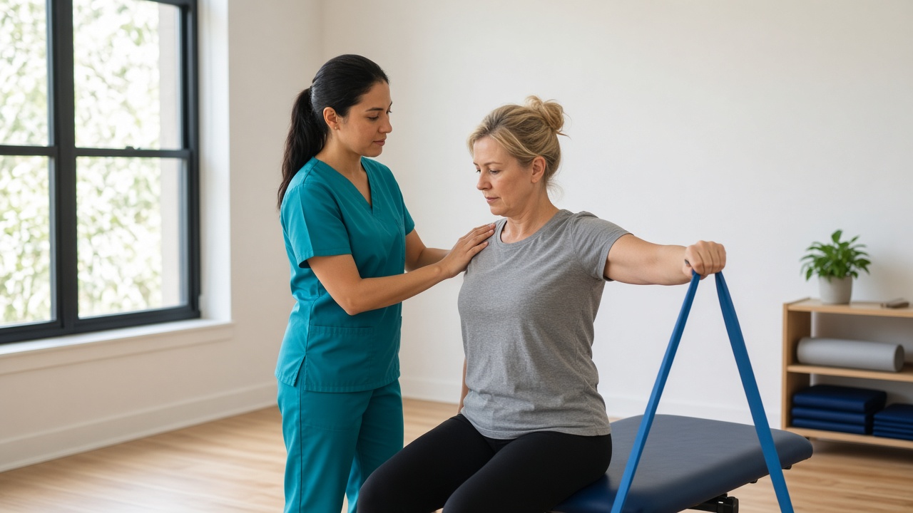 Clinician guiding a resistance-band shoulder exercise