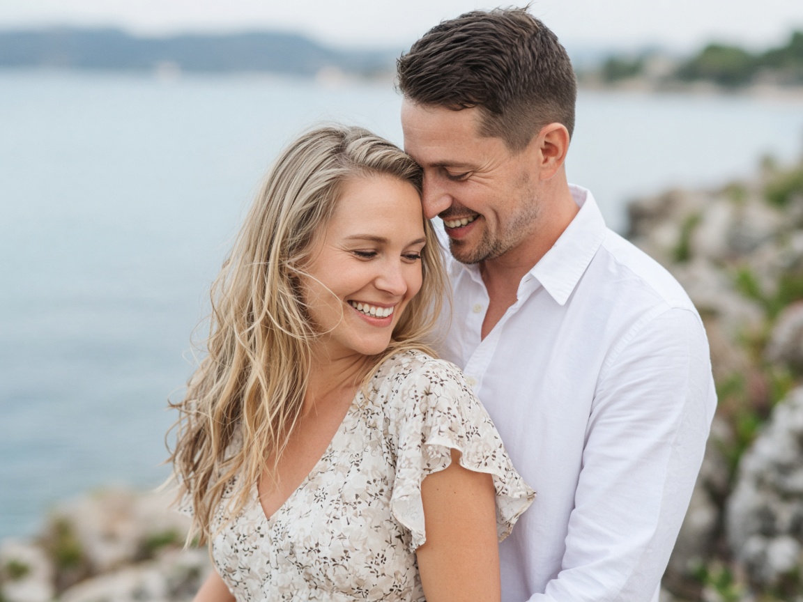 A couple embracing outdoors near pale blue water