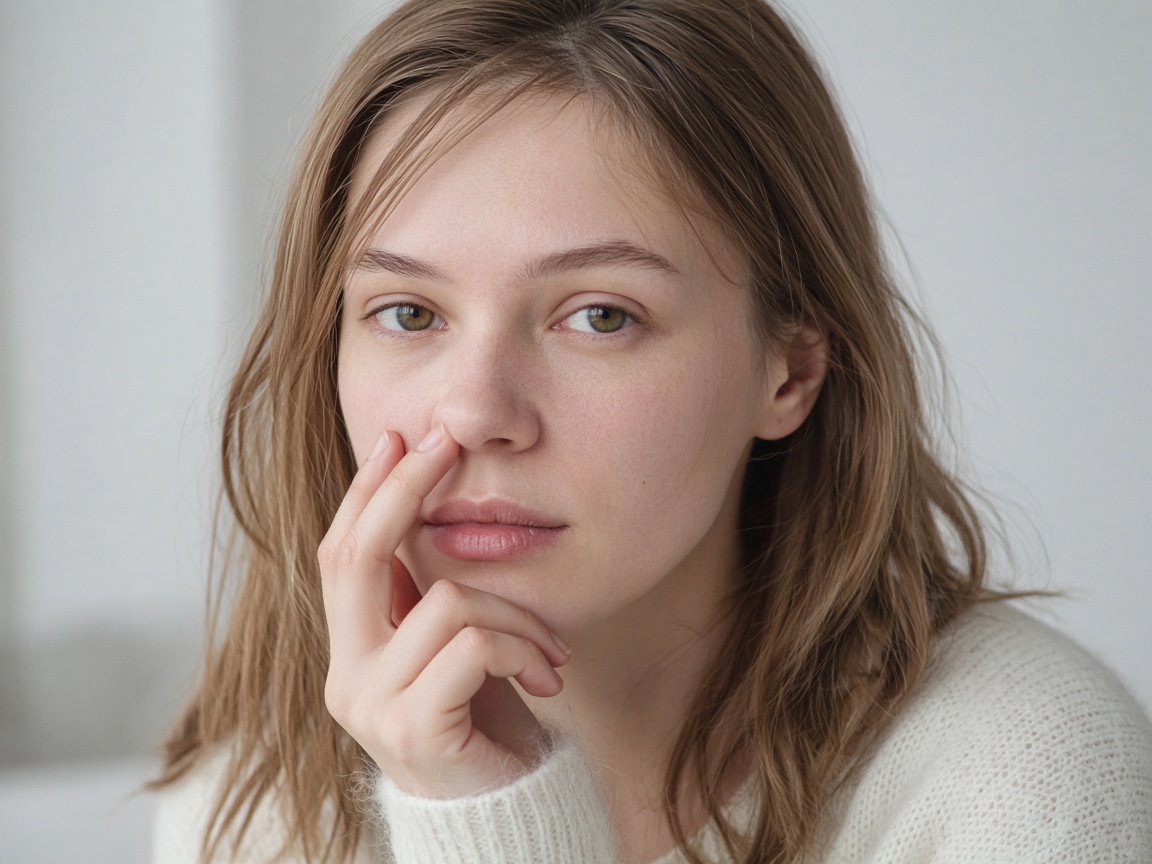 A woman pausing with a mild seasonal cold