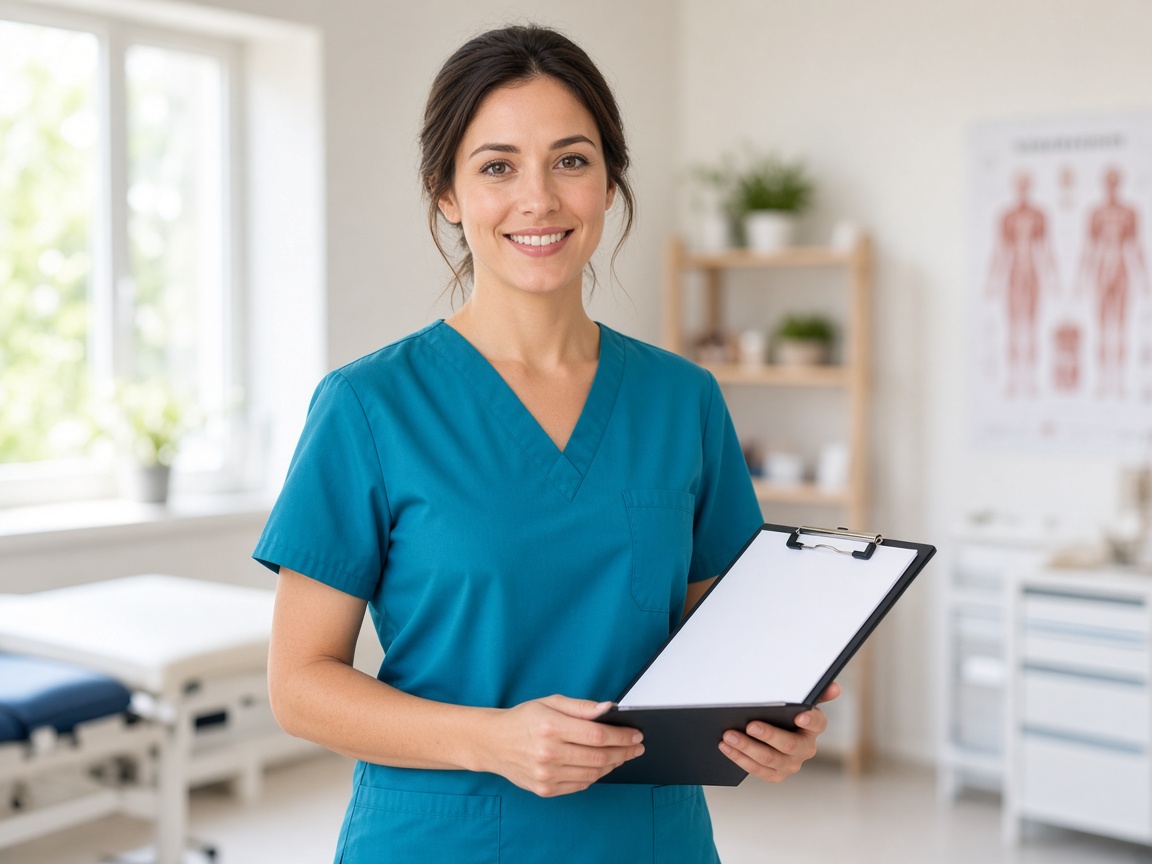 Rehabilitation clinician smiling in a bright treatment room