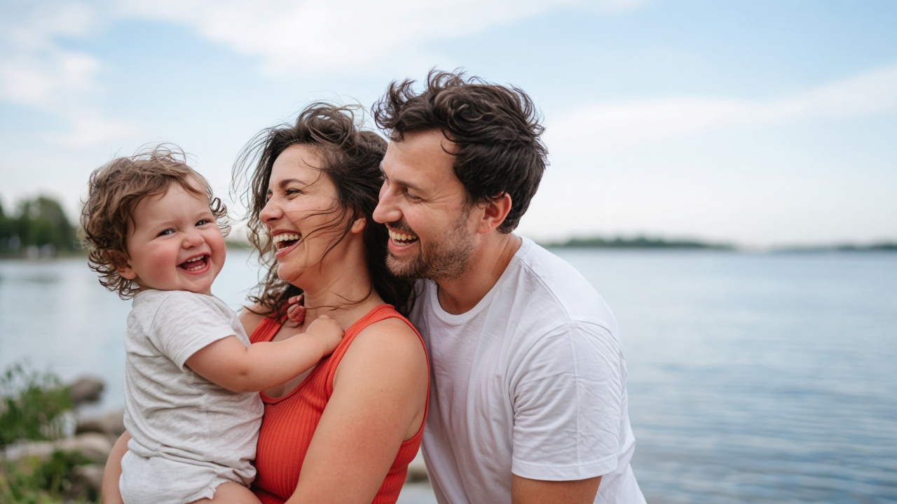 A laughing family walking together beside calm water