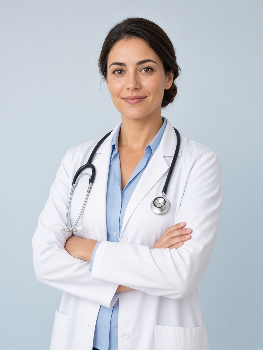Smiling physician in a white coat with a stethoscope, arms crossed