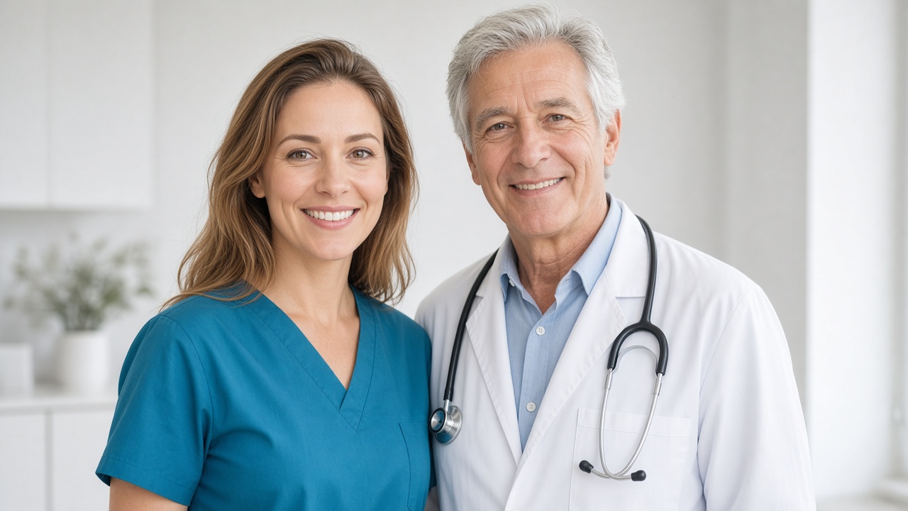 A clinician in teal scrubs standing with a senior physician